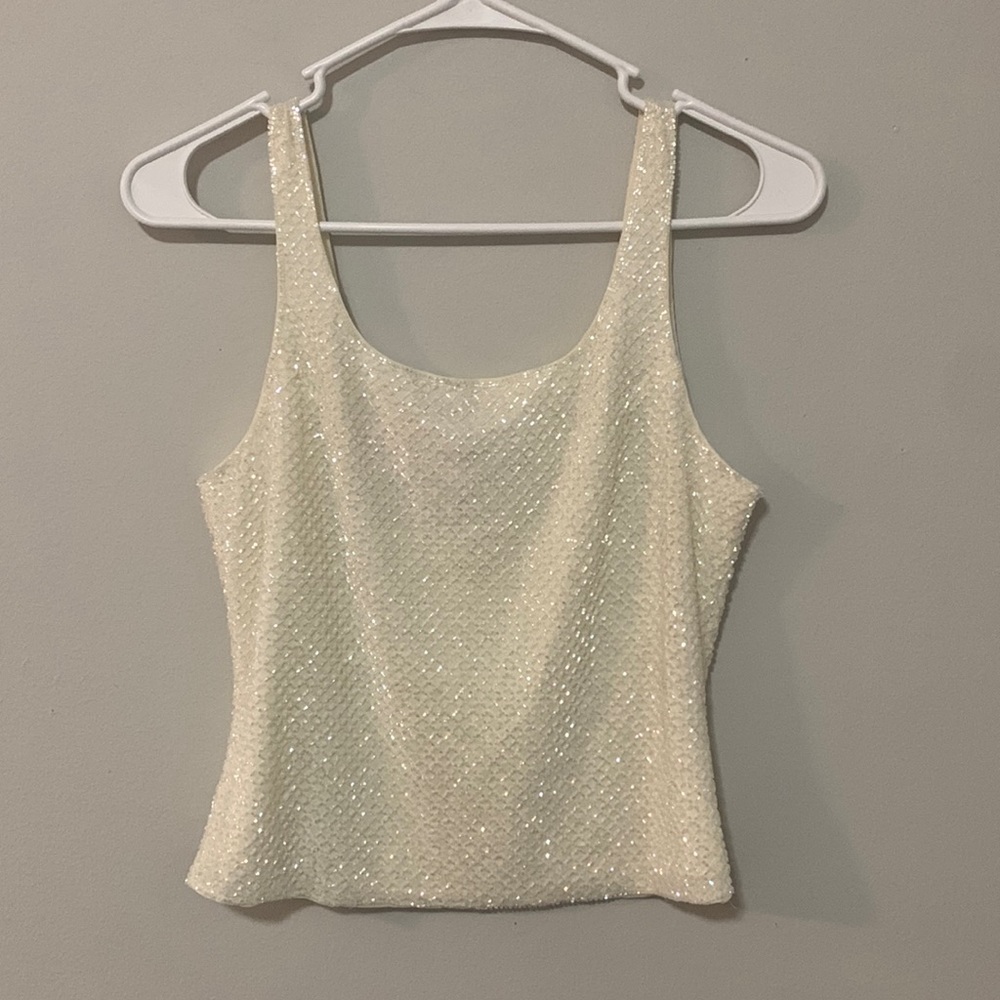 Rickie Freeman Clear Beaded Cream Cropped Top